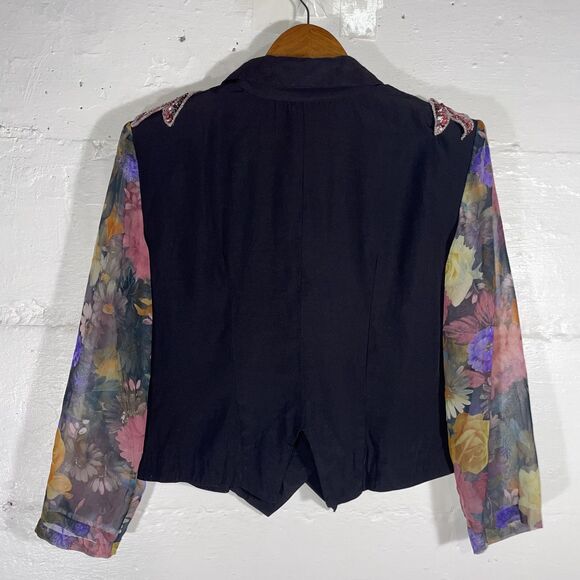 Vintage Wrapper USA Pink Sequin Shoulder Floral Sleeve Blazer Black Sheer 80s - Picture 8 of 10